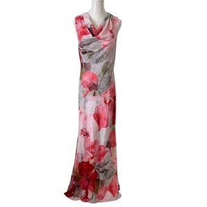 Donna Karan New York Floral Sleeveless Cowl-Neck Maxi Slip Gown Dress Sz 8